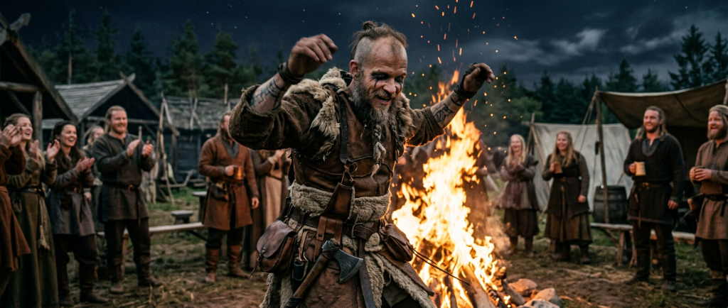 Floki personnage culte de la série Vikings dansant autour d'un feu
