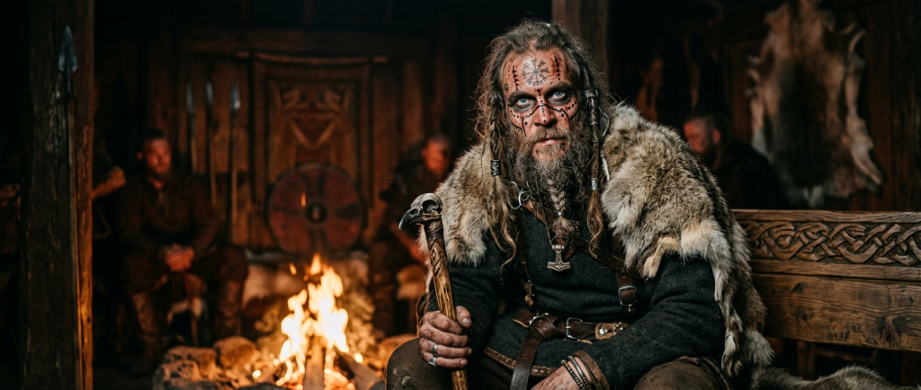 Floki le viking au regard mystique, peintures rituelles sur le visage