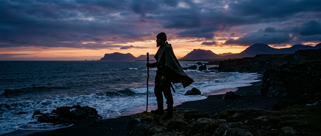 Floki silhouette emblématique sur un rivage islandais au crépuscule