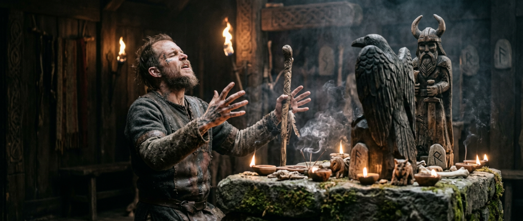 Floki en transe mystique devant un autel des dieux nordiques