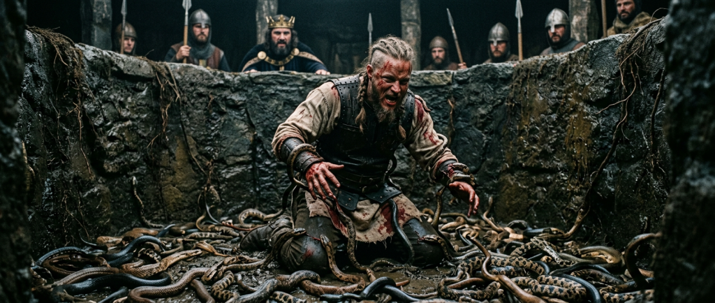 Ragnar Lothbrok dans la fosse aux serpents, scène mythique viking