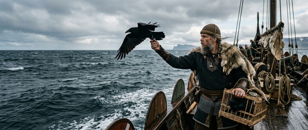 Hrafna-Floki vrai viking historique relâchant un corbeau en pleine mer