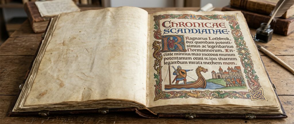 manuscrit médiéval mentionnant Ragnar Lothbrok chef viking légendaire