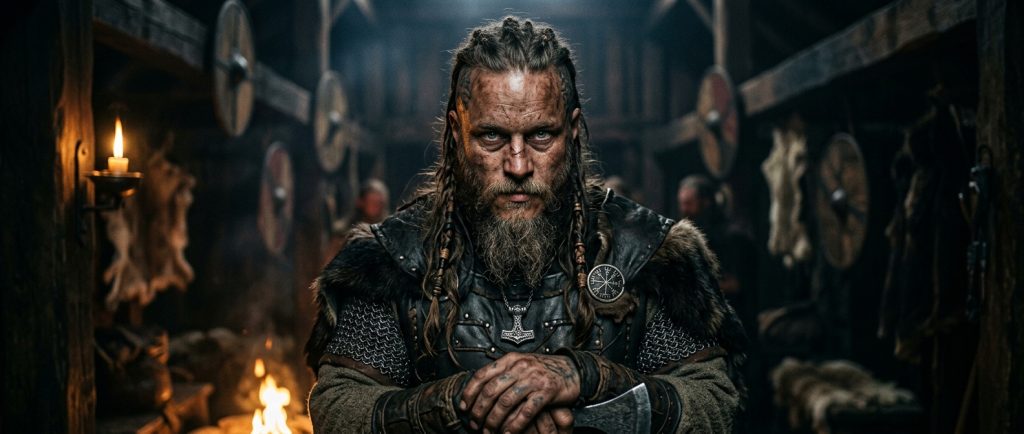 portrait sombre de Ragnar Lothbrok, chef viking légendaire au regard intense