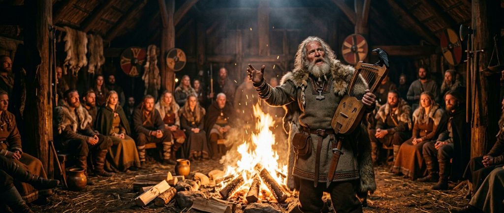 skalde viking récitant la saga de Ragnar Lothbrok devant un feu