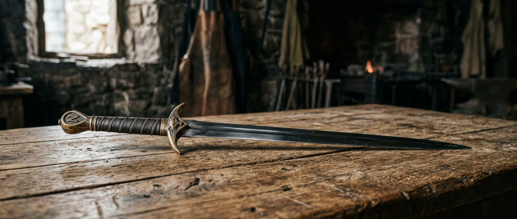 Aiguille épée fine de Arya Stark posée sur table en bois