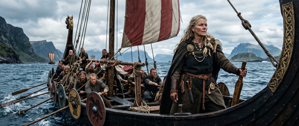 Aud la femme sage exploratrice viking dirigeant un drakkar