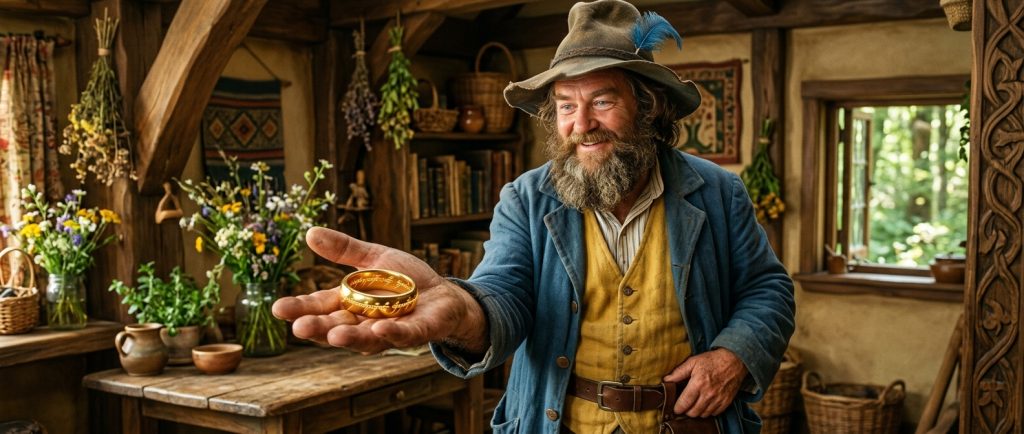 Tom Bombadil tenant l'Anneau Unique dans sa main sans effet