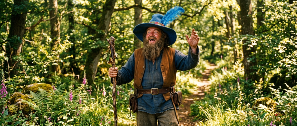 Tom Bombadil chantant joyeusement avec son grand chapeau et plume bleue