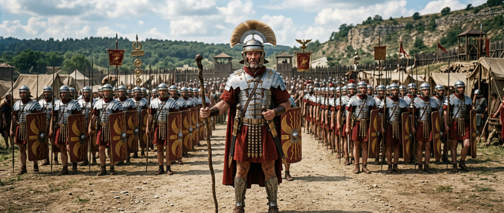 centurion romain en armure devant ses légionnaires alignés