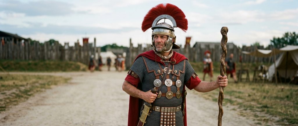 centurion romain avec casque à crête transversale et cep de vigne