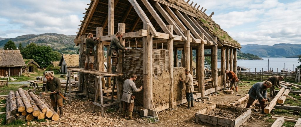 construction d'une maison viking avec poteaux en bois et torchis