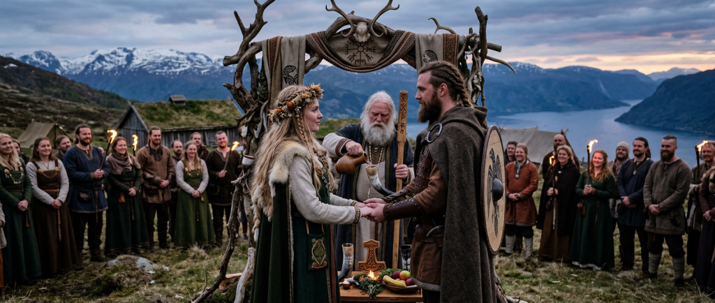 couple viking se mariant lors d'une cérémonie nordique traditionnelle