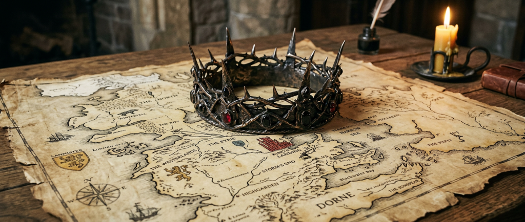 couronne de Game of Thrones posée sur une carte ancienne de Westeros