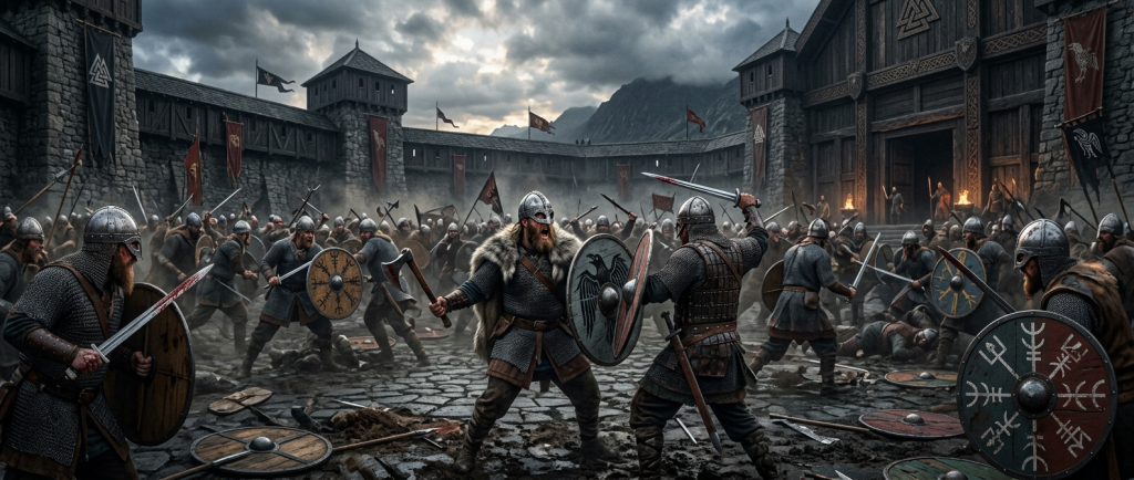 Einherjar guerriers du Valhalla en plein combat dans la cour d'Odin
