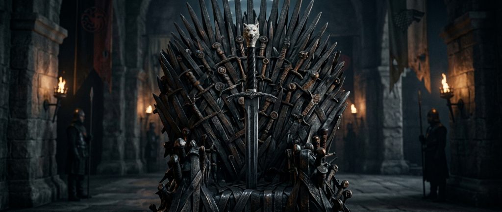 épée légendaire de Game of Thrones plantée dans un trône de fer sombre