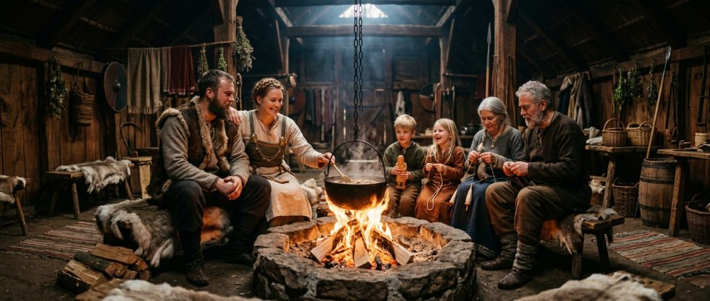 famille viking dans son intérieur quotidien autour du foyer central
