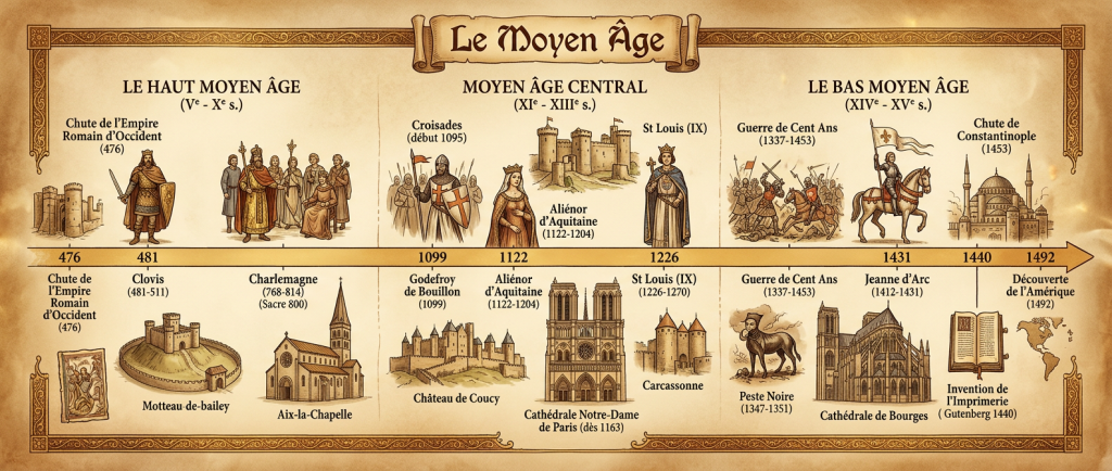 période moyen age frise chronologique avec châteaux et cathédrales