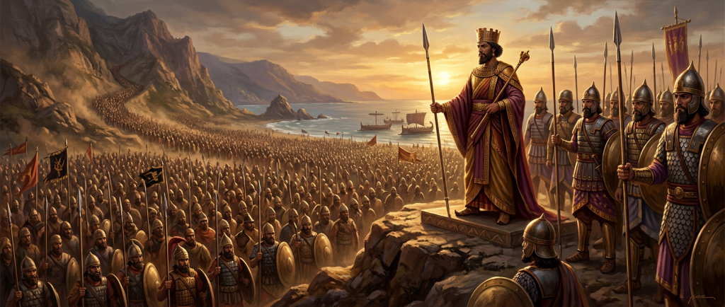 Xerxès Ier roi des Perses avec son immense armée à la bataille des Thermopyles