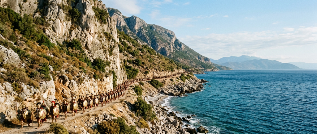 défilé naturel des Thermopyles entre montagne et mer pour la bataille antique