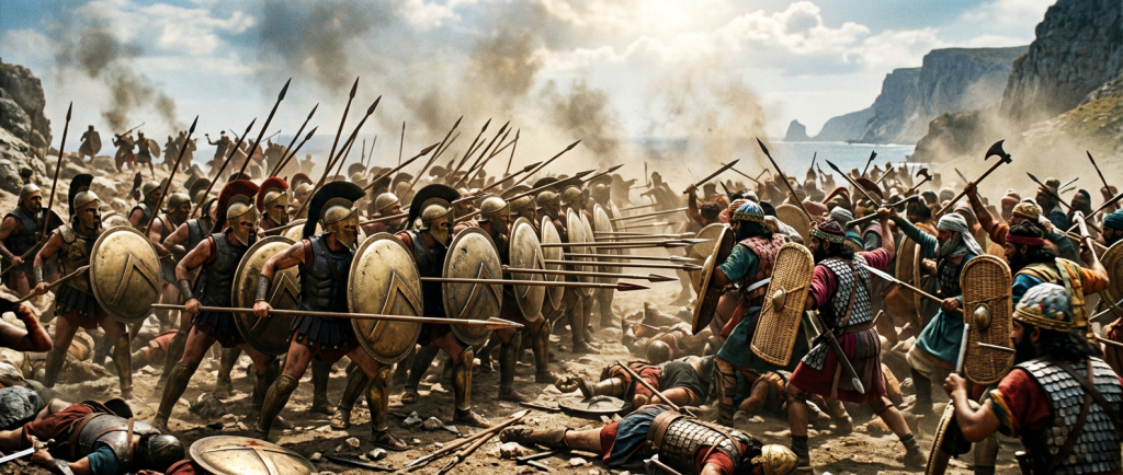 hoplites grecs en phalange combattant les Perses à la bataille des Thermopyles