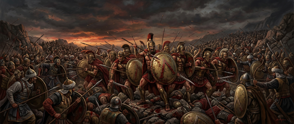 dernière résistance des Spartiates à la bataille des Thermopyles sous les flèches perses