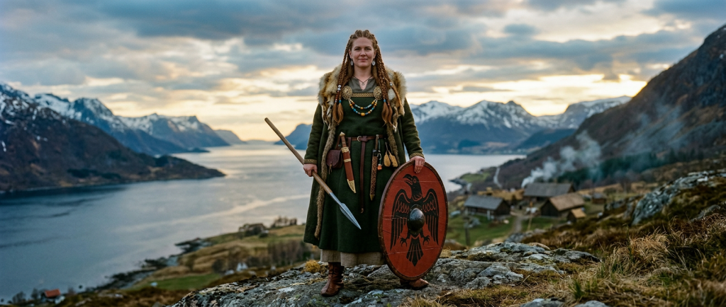 femme viking debout fière avec broches ovales et tresses nordiques