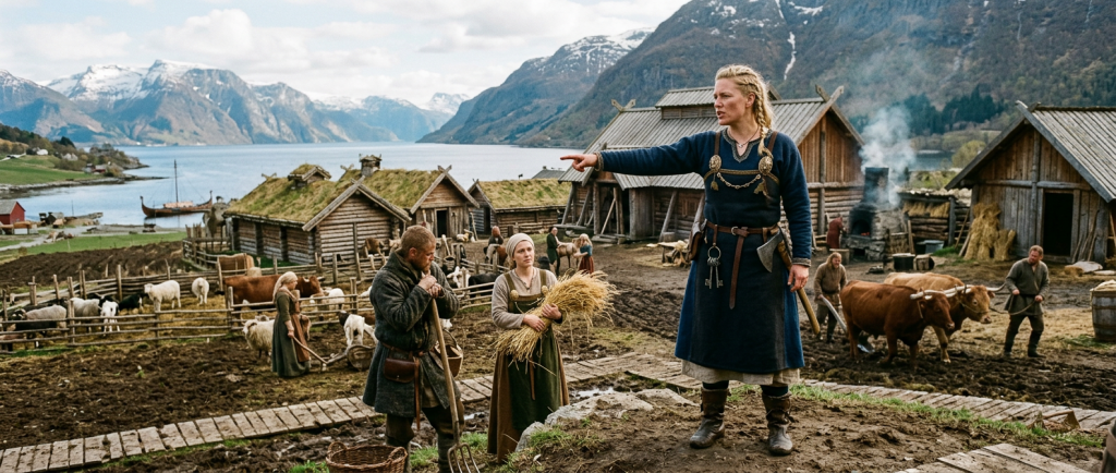 femme viking dirigeant une ferme nordique avec autorité