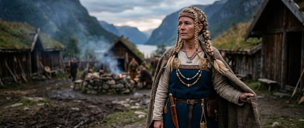 femme viking en tenue traditionnelle avec broches ovales et tresses