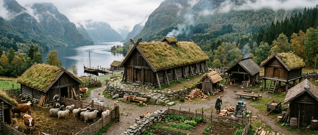ferme viking traditionnelle avec longère et bâtiments annexes scandinaves