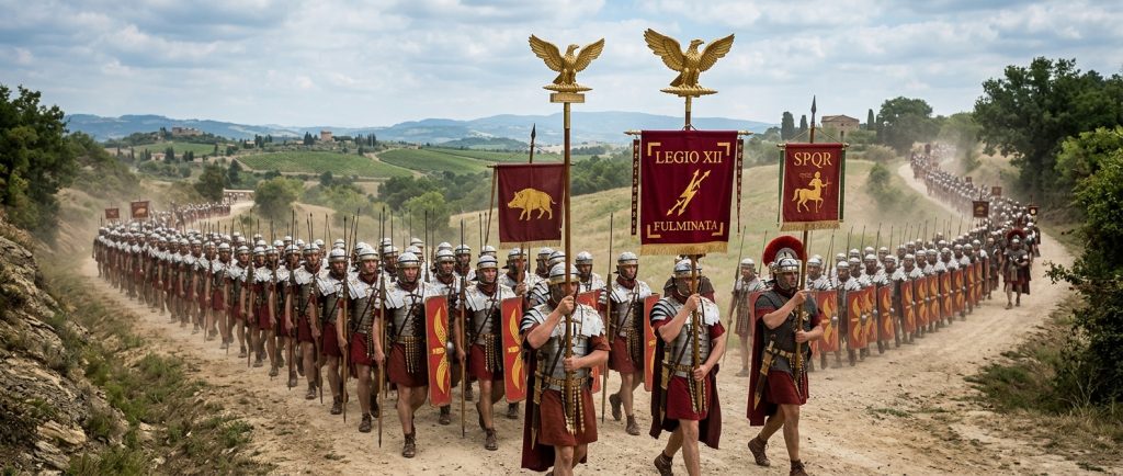 formation de légion romaine en marche avec étendards et aigles