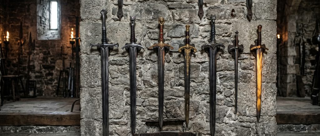 collection d'épées emblématiques de Game of Thrones alignées sur un mur de pierre