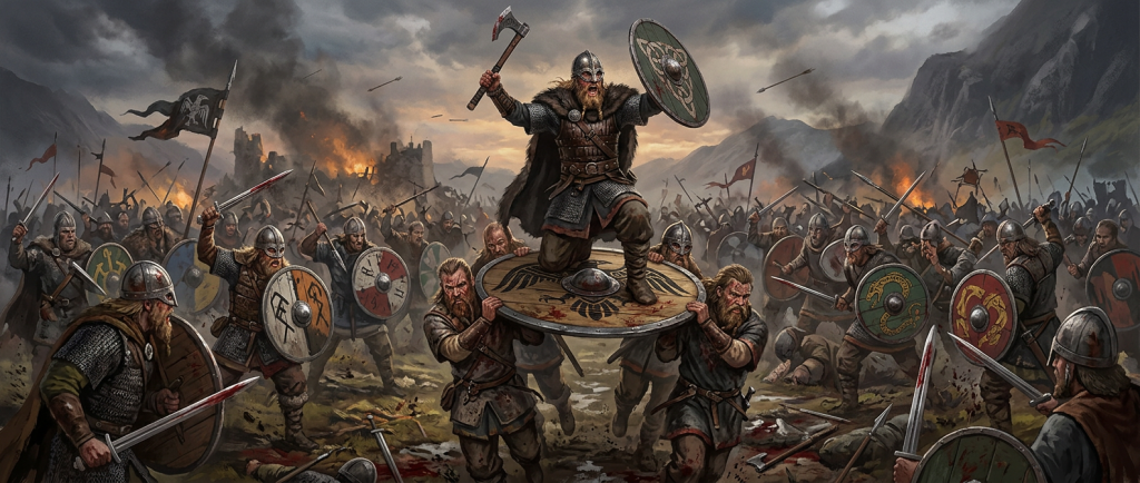 guerrier viking porté sur un bouclier au combat illustration historique