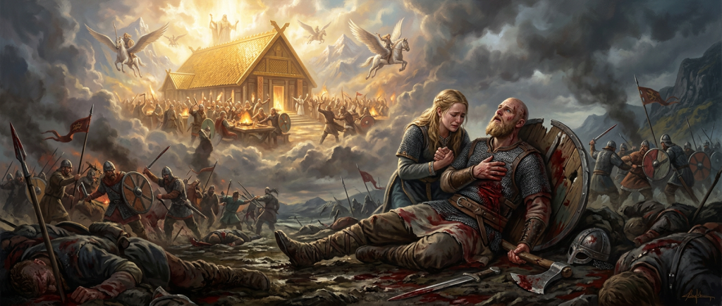 guerrier viking mourant au combat avec vision du Valhalla