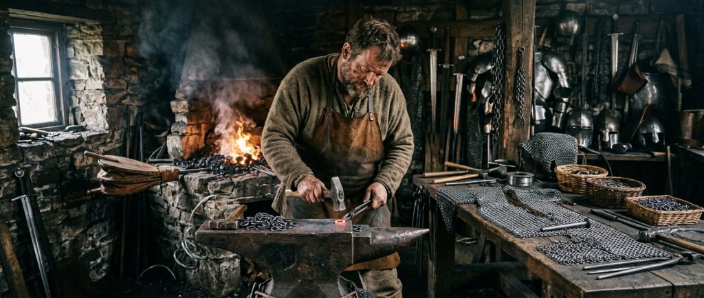 artisan armurier médiéval forgeant des anneaux pour un haubert