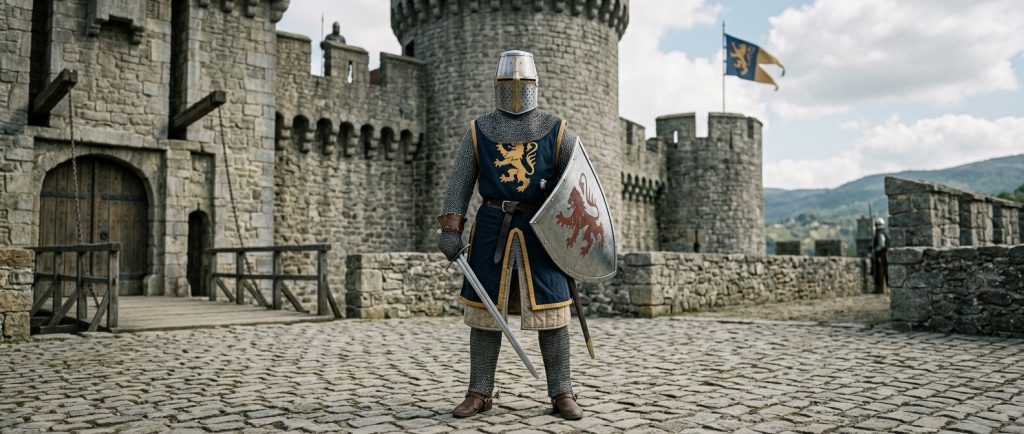 chevalier médiéval portant un haubert long et casque heaume