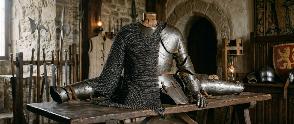 haubert médiéval en cotte de mailles posé sur une armure de chevalier