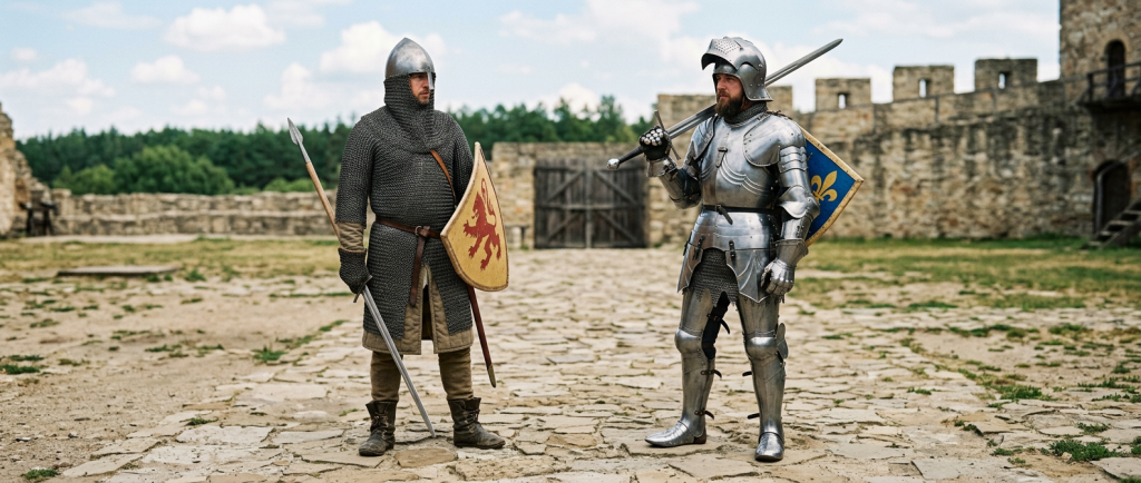 comparaison entre haubert cotte de mailles et armure de plates médiévale