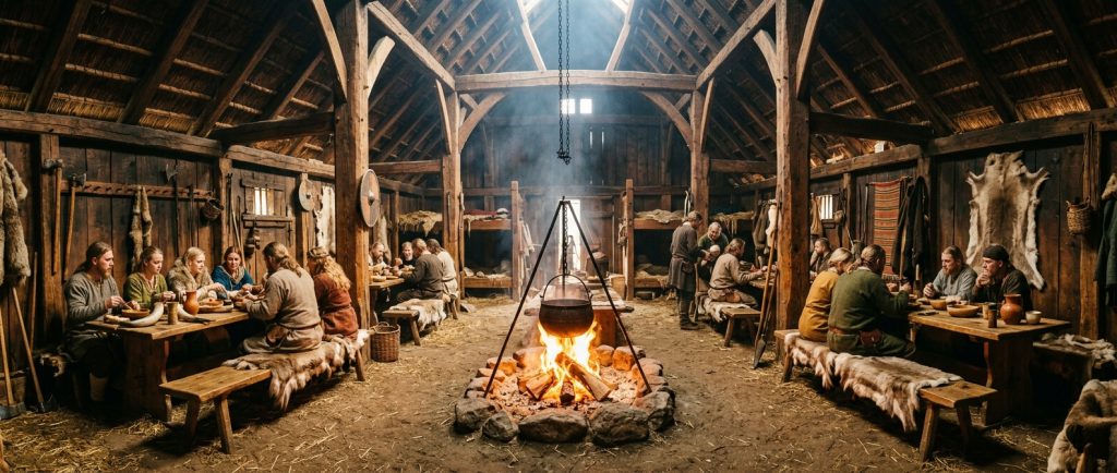 intérieur de longère viking avec foyer central et bancs en bois