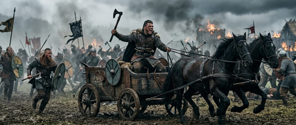 Ivar le Désossé personnage série Vikings sur char de guerre
