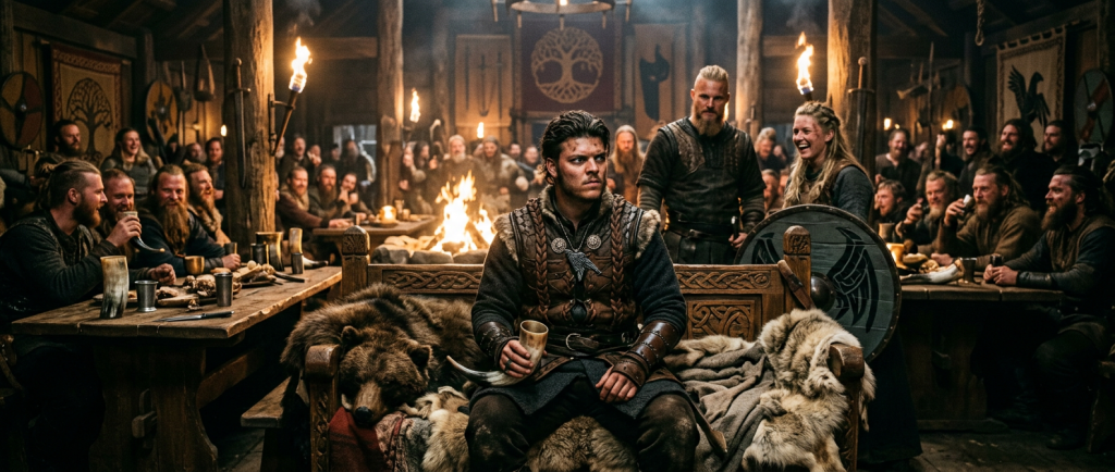 Ivar le Désossé fils de Ragnar Lothbrok dans une salle viking