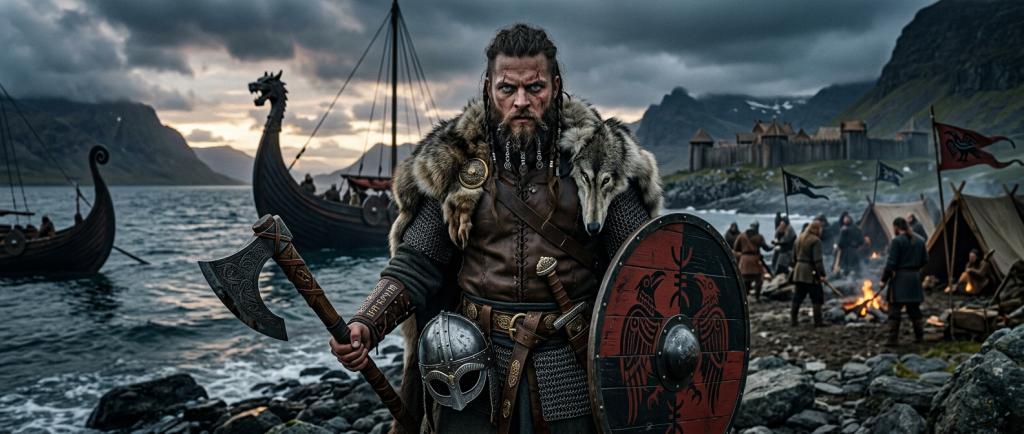 Ivar le Désossé chef viking au regard perçant et armes nordiques