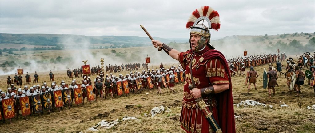 légat romain commandant ses légions sur un champ de bataille