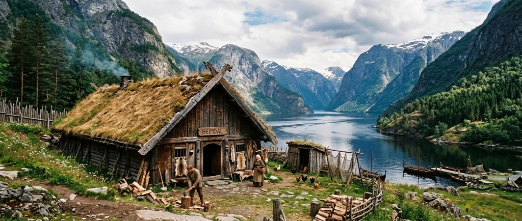 maison viking longère traditionnelle au toit de chaume sur fjord nordique