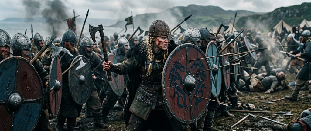 guerrière viking shieldmaiden avec hache et bouclier en formation
