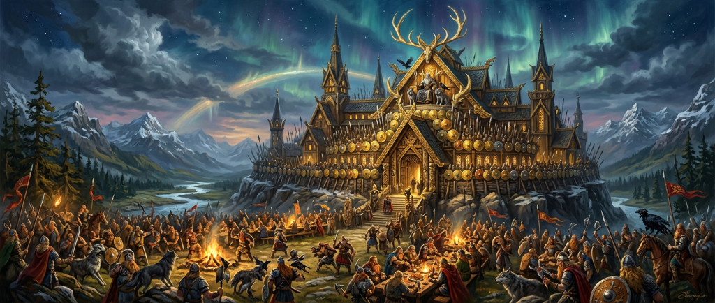 représentation artistique du Valhalla d'Odin dans la mythologie viking