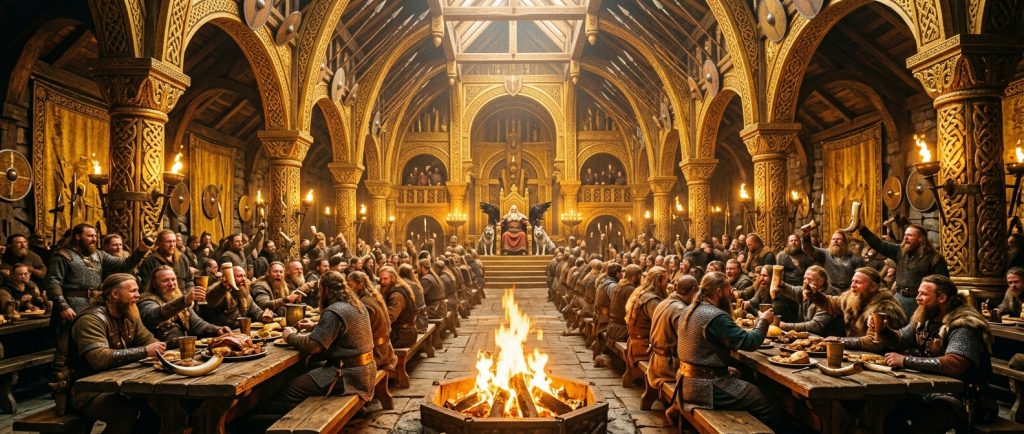 Valhalla immense salle dorée d'Odin avec guerriers vikings au festin