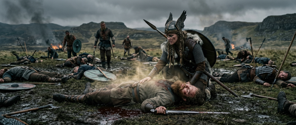 Valkyrie choisissant un guerrier viking mort sur le champ de bataille