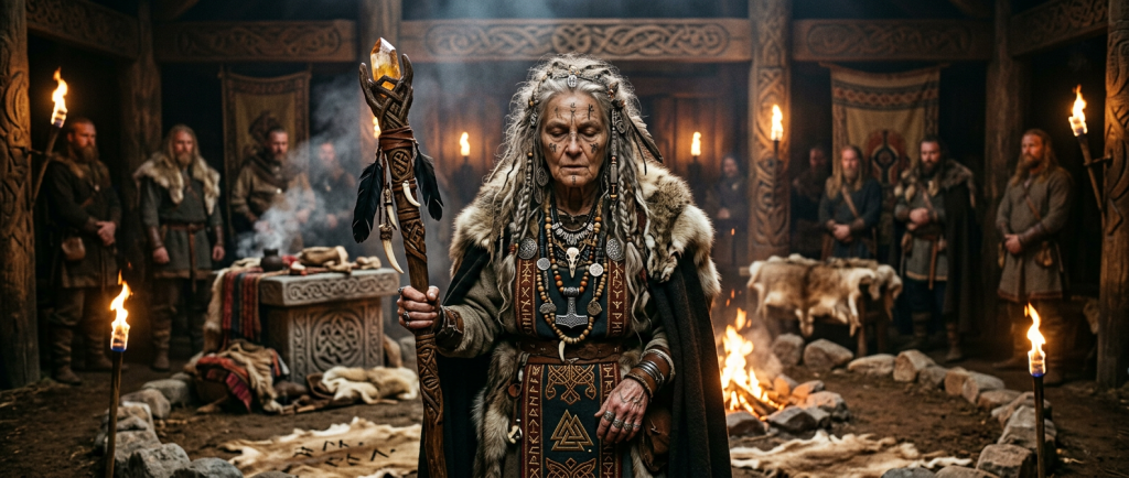 völva voyante viking avec bâton rituel et ornements mystiques