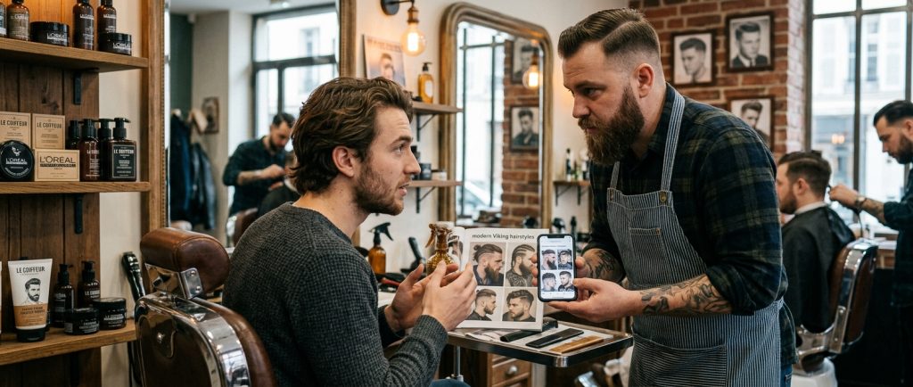 homme chez le coiffeur discutant d'une coupe viking moderne